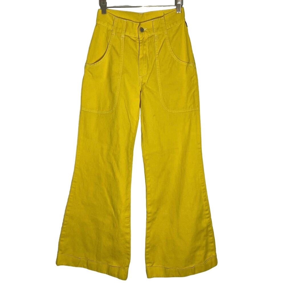 Unif High Rise Flare Leg Cuffed Yellow Pants Size 26 x 30 festival Boho Sunny